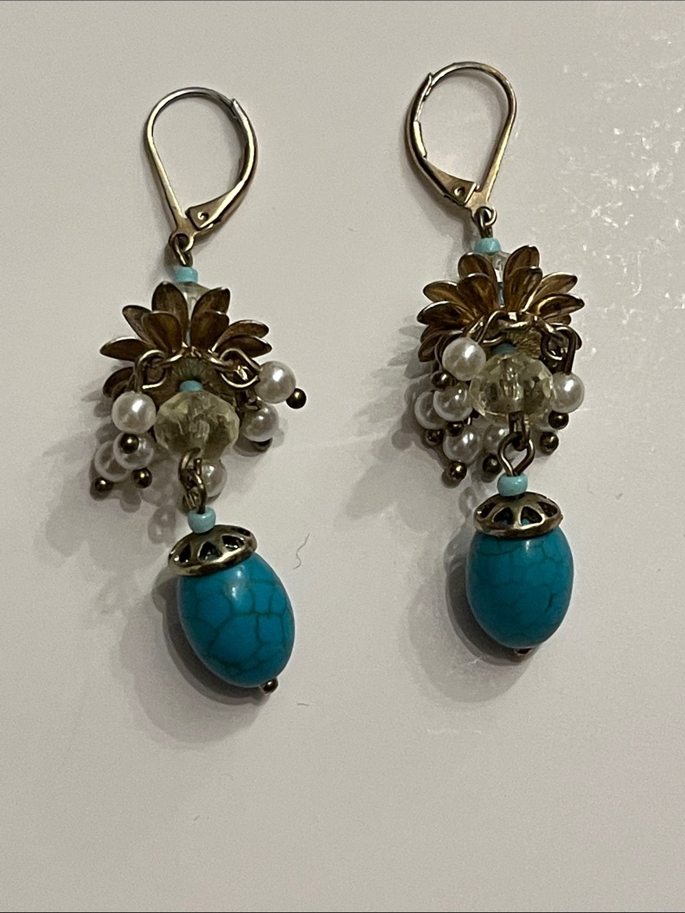 Talbots Turquoise Cluster Drop Earrings with Faux Pearls and Crystal Beads - Picture 8 of 12